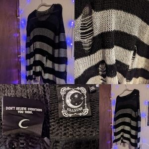 Killstar 2XL Chromatic Black Grey White Stripped Distressed Knit Sweater